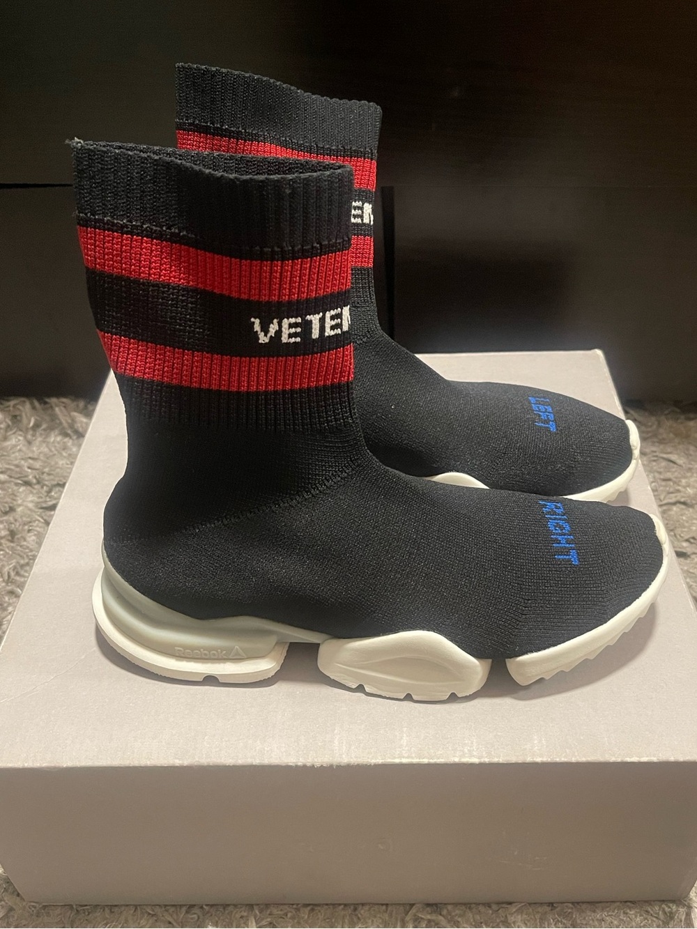 Authentic Vetements/Reebok Black, Red & White Knit Slip-On Sneakers